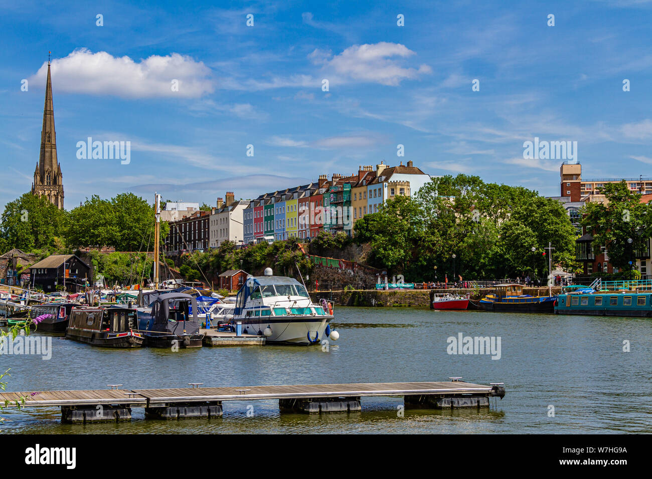 View over Bristol's Floating Harbour towards Redcliffe, with Redcliffe Parade and St Mary Redcliffe Church in the background. Bristol, UK. July 2019. Stock Photo