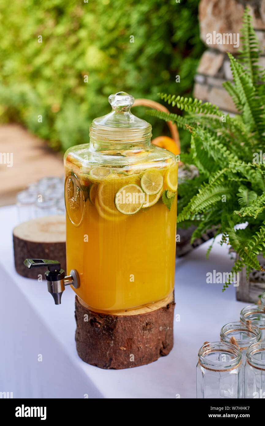 Refreshing lemonade in a steamedup can. Picnic, catering at the event