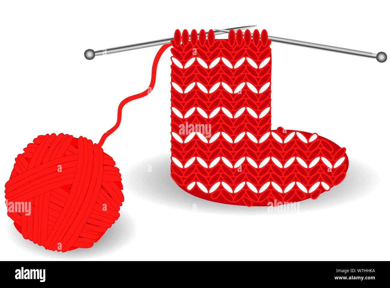 red-and-white Christmas sock on knitting needles and a tangle of red threads close to the holidays Stock Vector