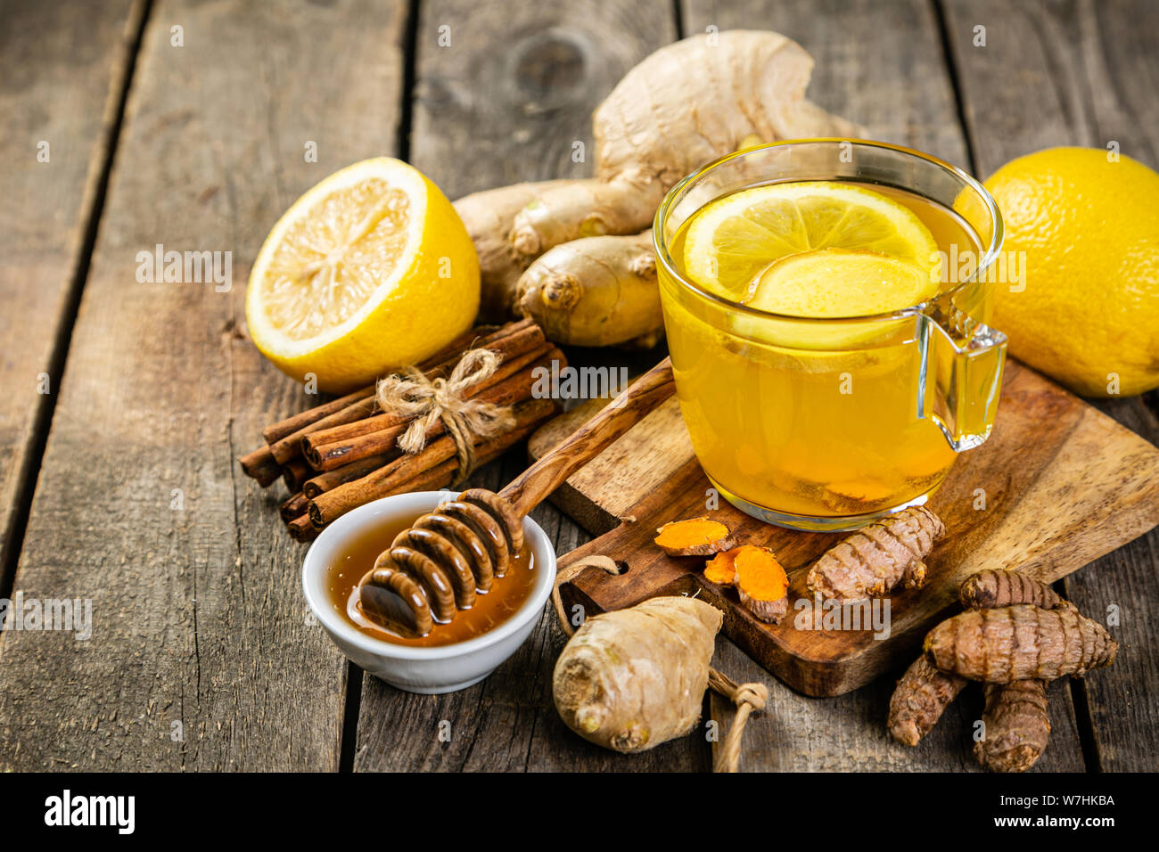 Fall immune system booster ginger and turmeric tea and ingredients