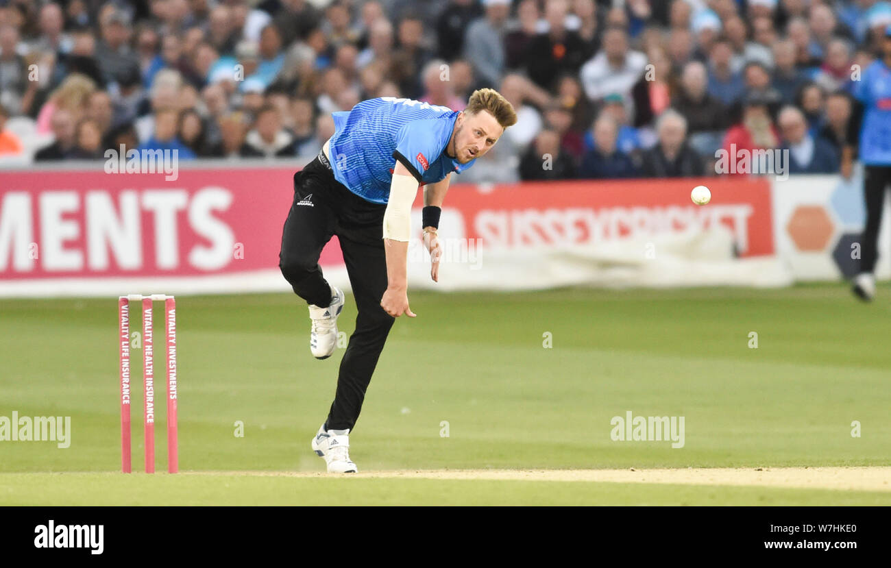 Hove Sussex UK 6th August 2019 - Ollie Robinson bowling for Sussex Sharks during the Vitality T20 Blast cricket match between Sussex Sharks and Glamorgan at the 1st Central County ground in Hove Credit : Simon Dack / Alamy Live News Stock Photo