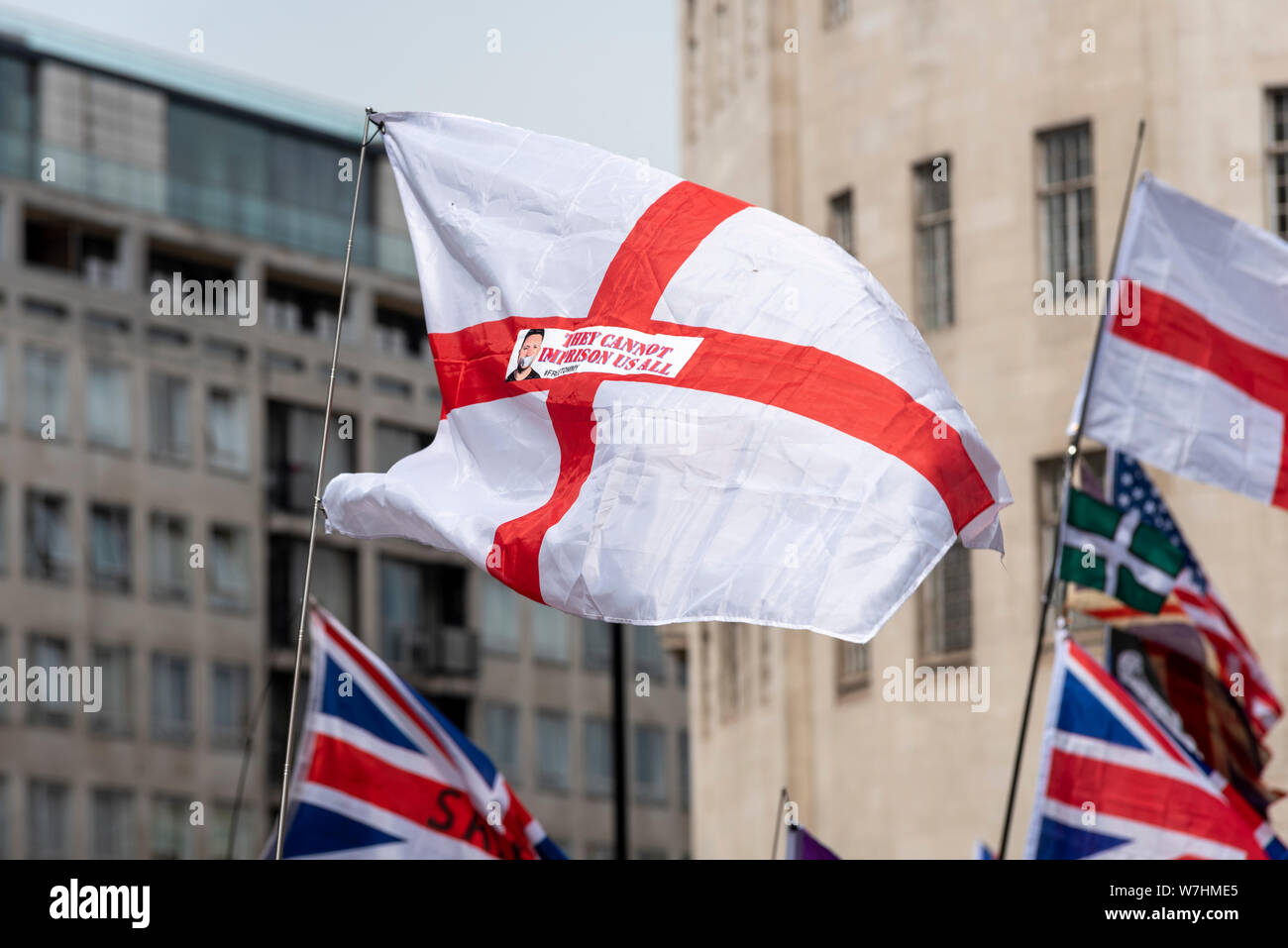 They cannot imprison us all England flag at Free Tommy Robinson protest rally In London, UK Stock Photo