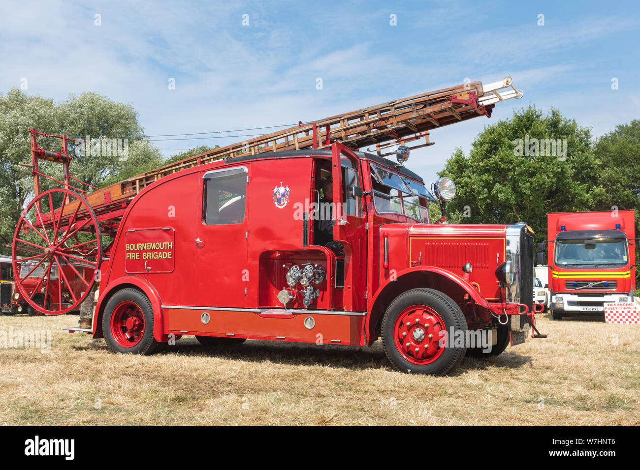 Fire engine on display at the Odiham Fire Show, 2019, in Hampshire, UK. A 1939 Leyland FK9 pump escape from Bournemouth Fire Brigade. Stock Photo