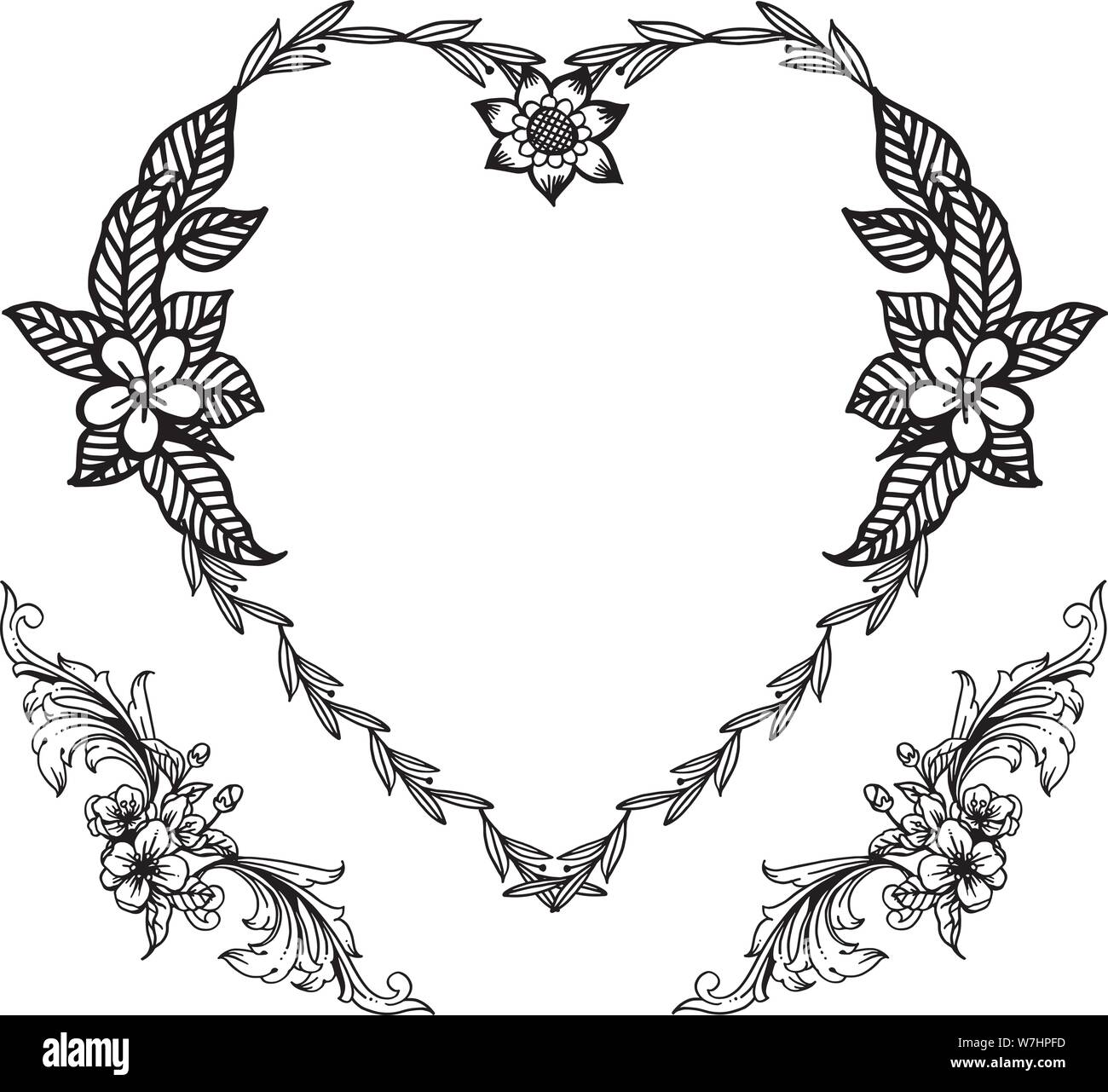 Beauty leaves and flower frame in black and white colors, for ornate of ...