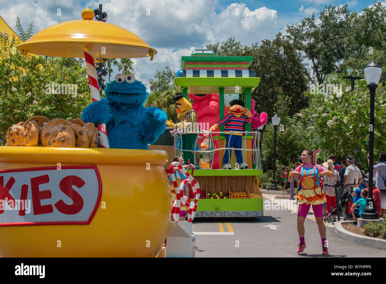 Orlando, Florida. July 30, 2019. Cookie monster on colorful float in Sesame Street Party Parade