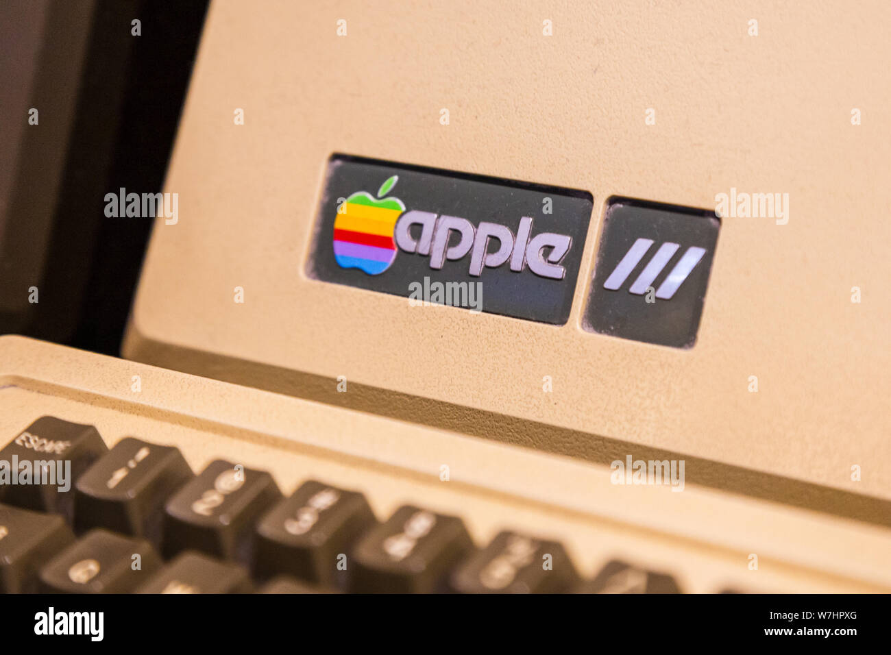 Istanbul, Turkey, March 2019: Closeup old rainbow Apple logo on old Macintosh computer. Rahmi Koc museum. Stock Photo