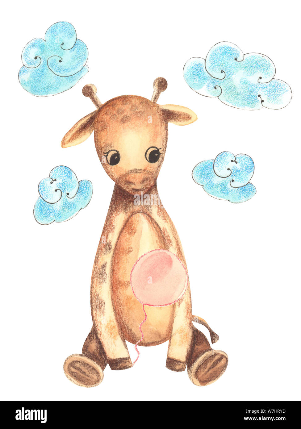 Illustration of a colorful watercolor animal character giraffe sitting among blue clouds on a white isolated background. Stock Photo