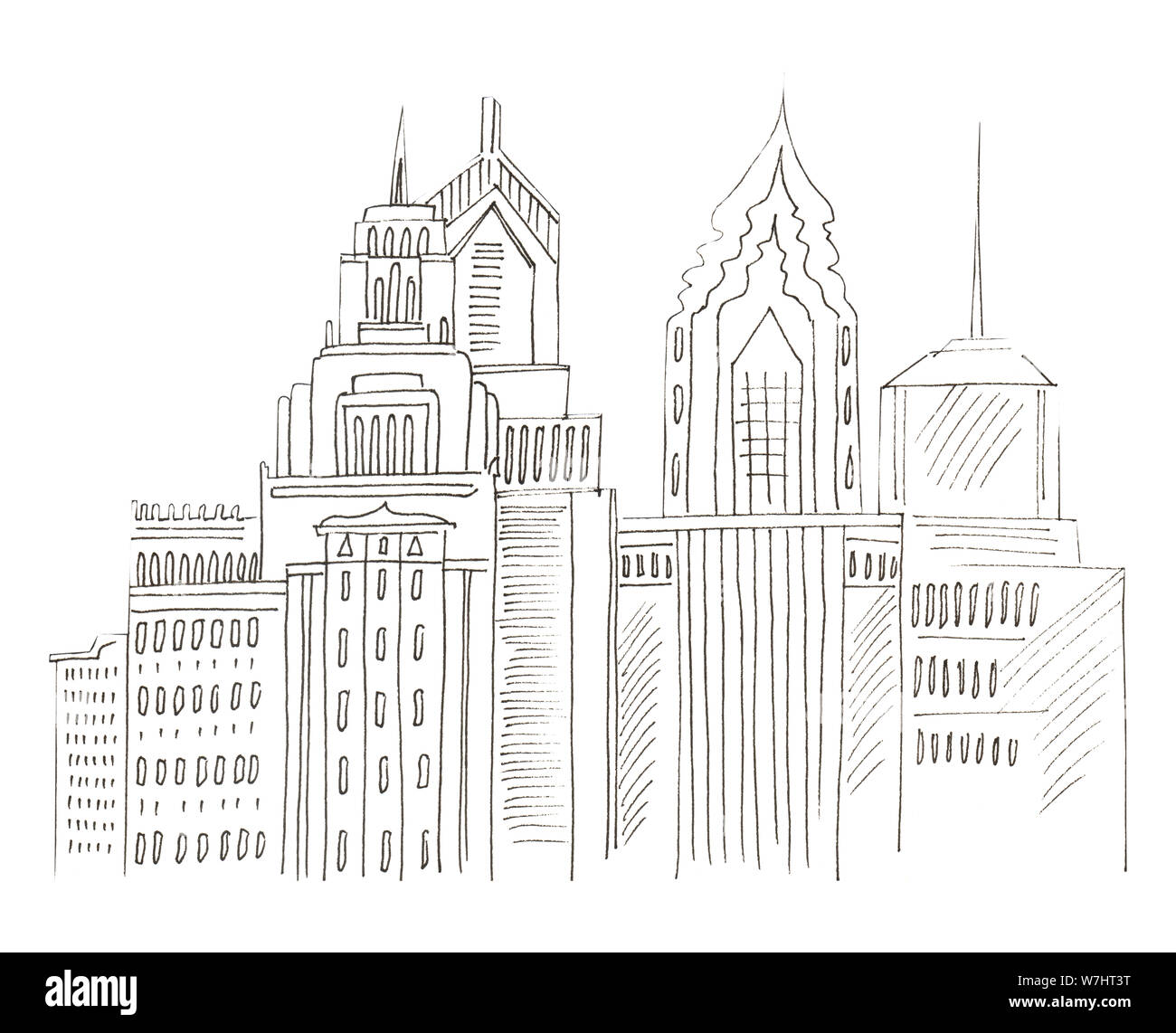 Illustration of sketch drawing black contour of skyline cities on a white isolated background. Stock Photo