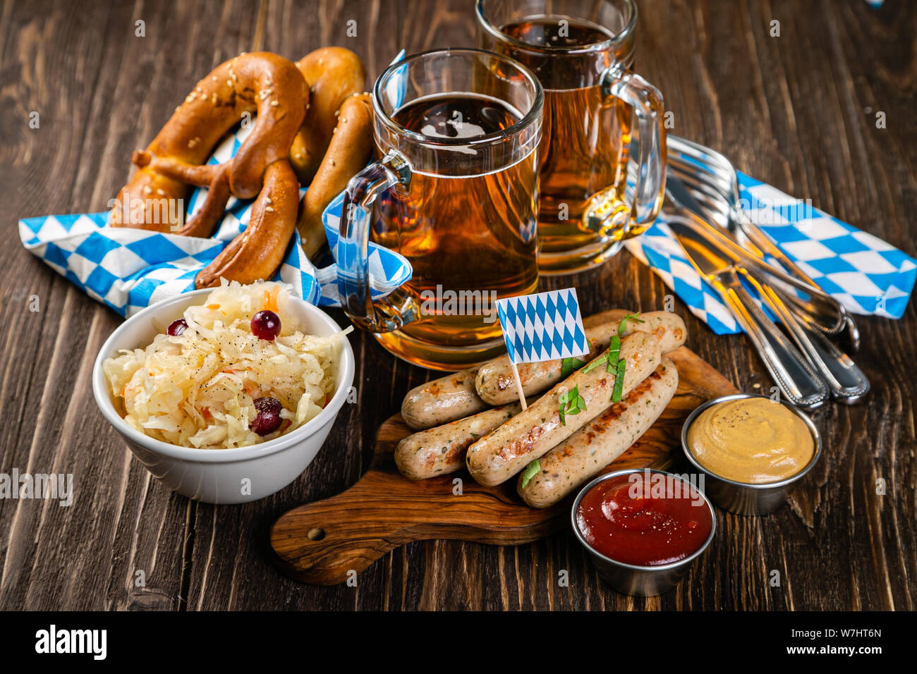 October fest concept - traditional food and beer served at event Stock Photo