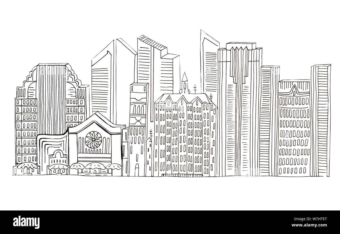 Illustration of sketch drawing black contour of skyline cities on a white isolated background. Stock Photo