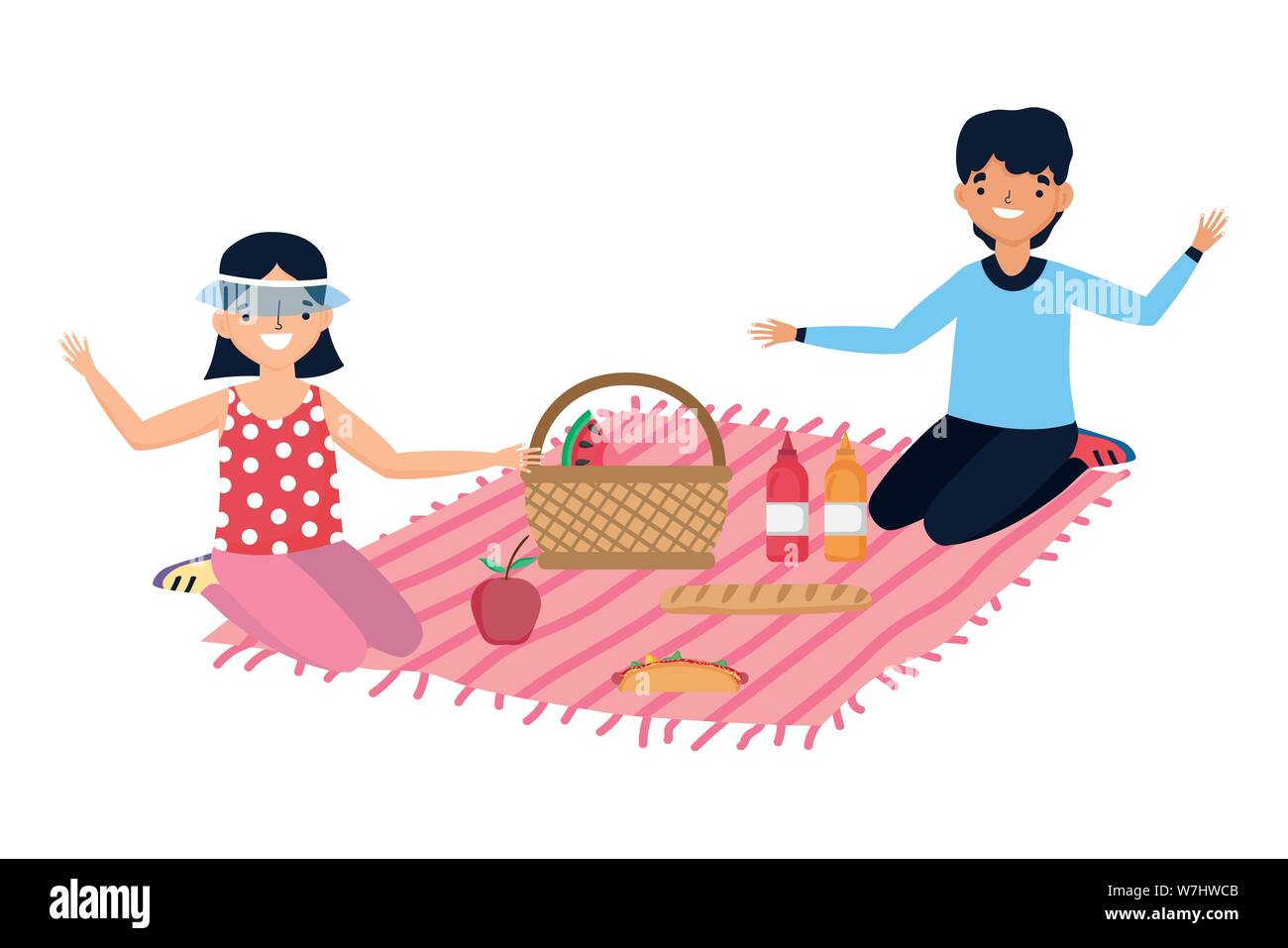 Woman and man cartoon having picnic design, Food summer outdoor leisure healthy spring lunch and meal theme Vector illustration Stock Vector