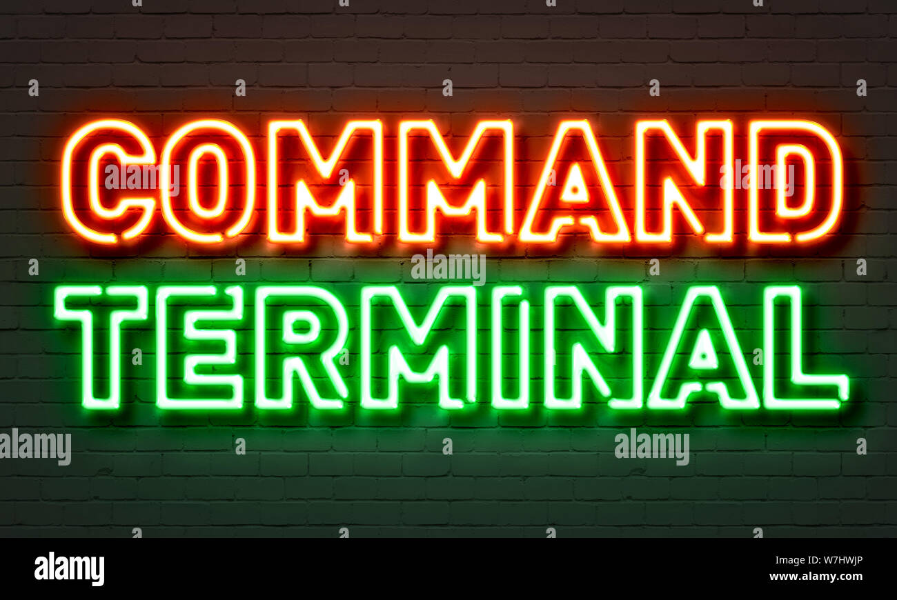 Command terminal neon sign on brick wall background Stock Photo - Alamy