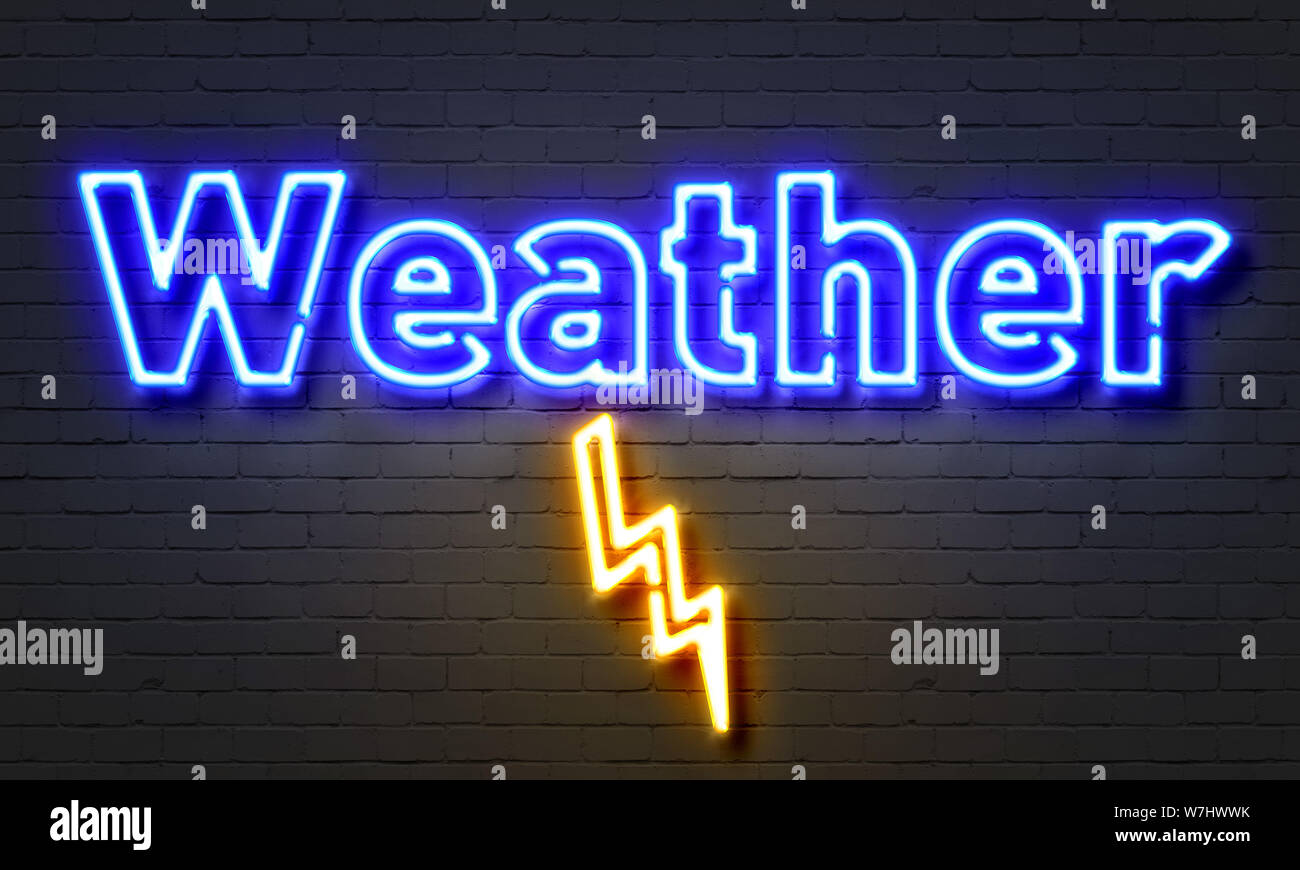 Weather neon sign on brick wall background Stock Photo