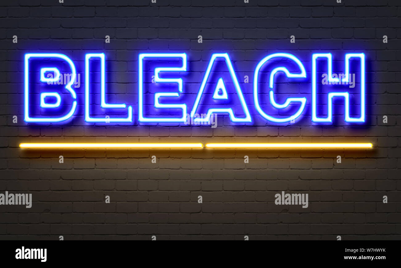Bleach neon sign on brick wall background Stock Photo