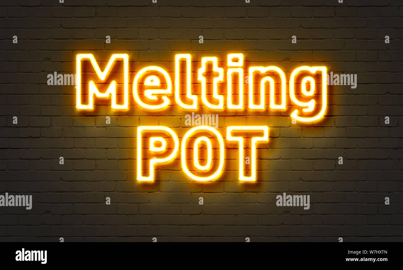 Melting pot neon sign on brick wall background Stock Photo