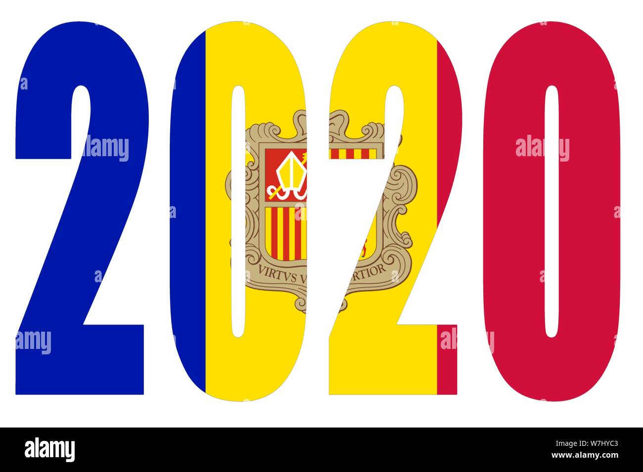 Flag of Andorra on 2020 letters with isolated background Stock Photo