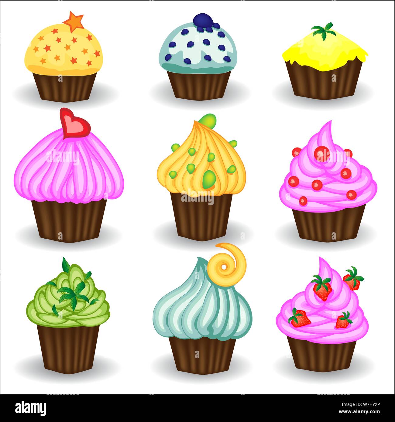Vector set of nine colorful doodle cupcakes. Cupcakes decorated with cherry, strawberry Stock Vector