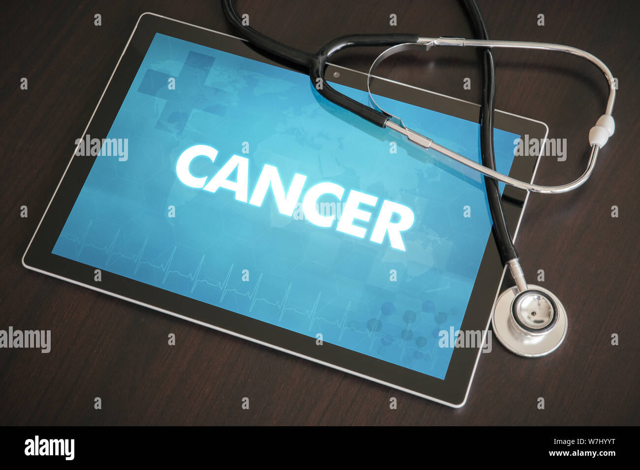 Cancer (lung, breast, liver) diagnosis medical concept on tablet screen with stethoscope Stock Photo