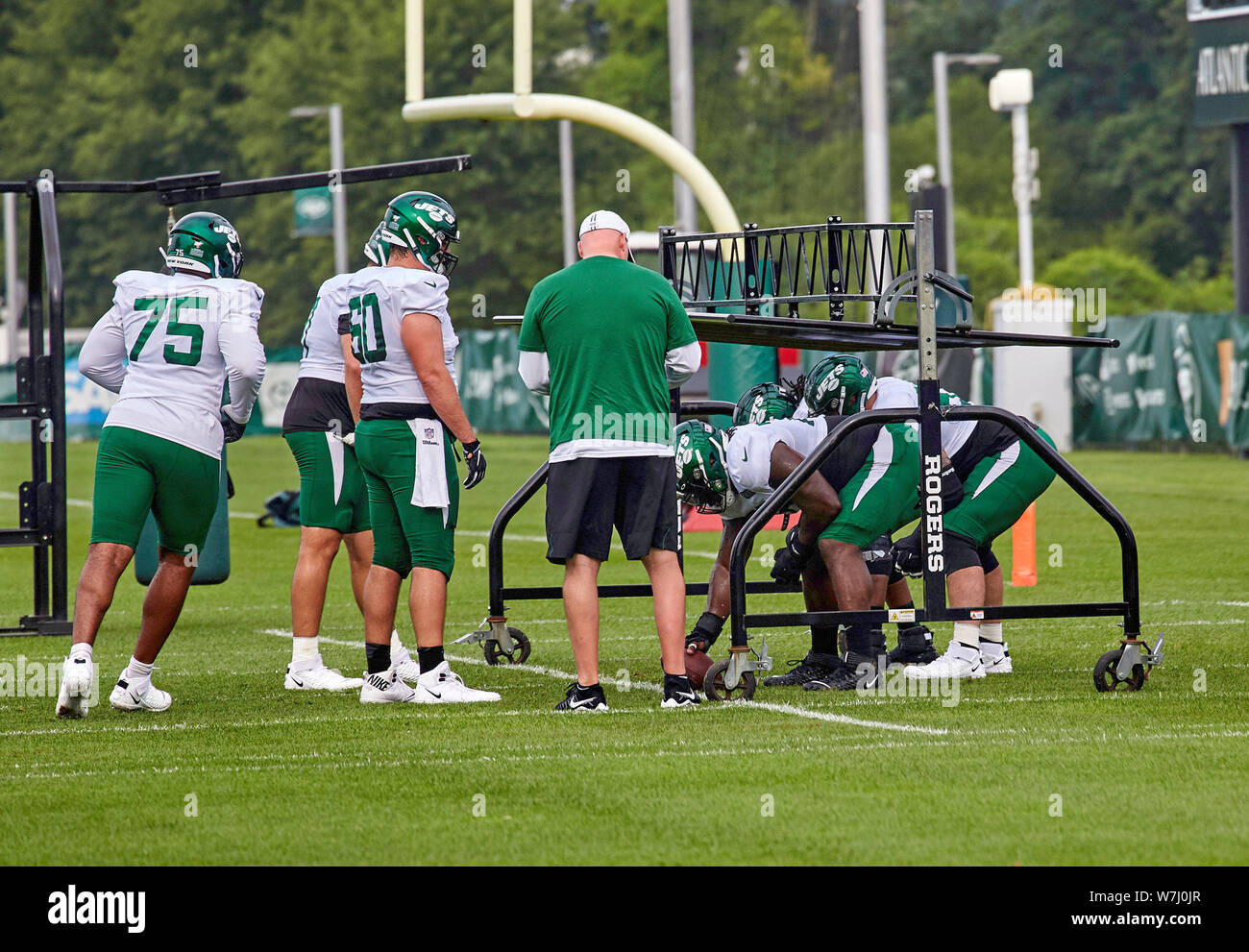 August 6, 2019, Florham Park, New Jersey, USA: New York Jets offensive line coach Frank Pollack during training camp at the Atlantic Health Jets Training Center, Florham Park, New Jersey. Duncan Williams/CSM Stock Photo