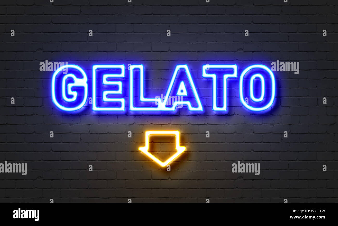 Gelato neon sign on brick wall background Stock Photo
