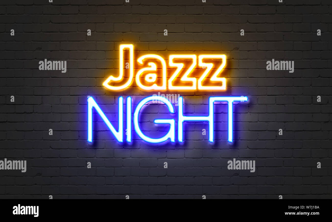 Jazz night neon sign on brick wall background Stock Photo - Alamy