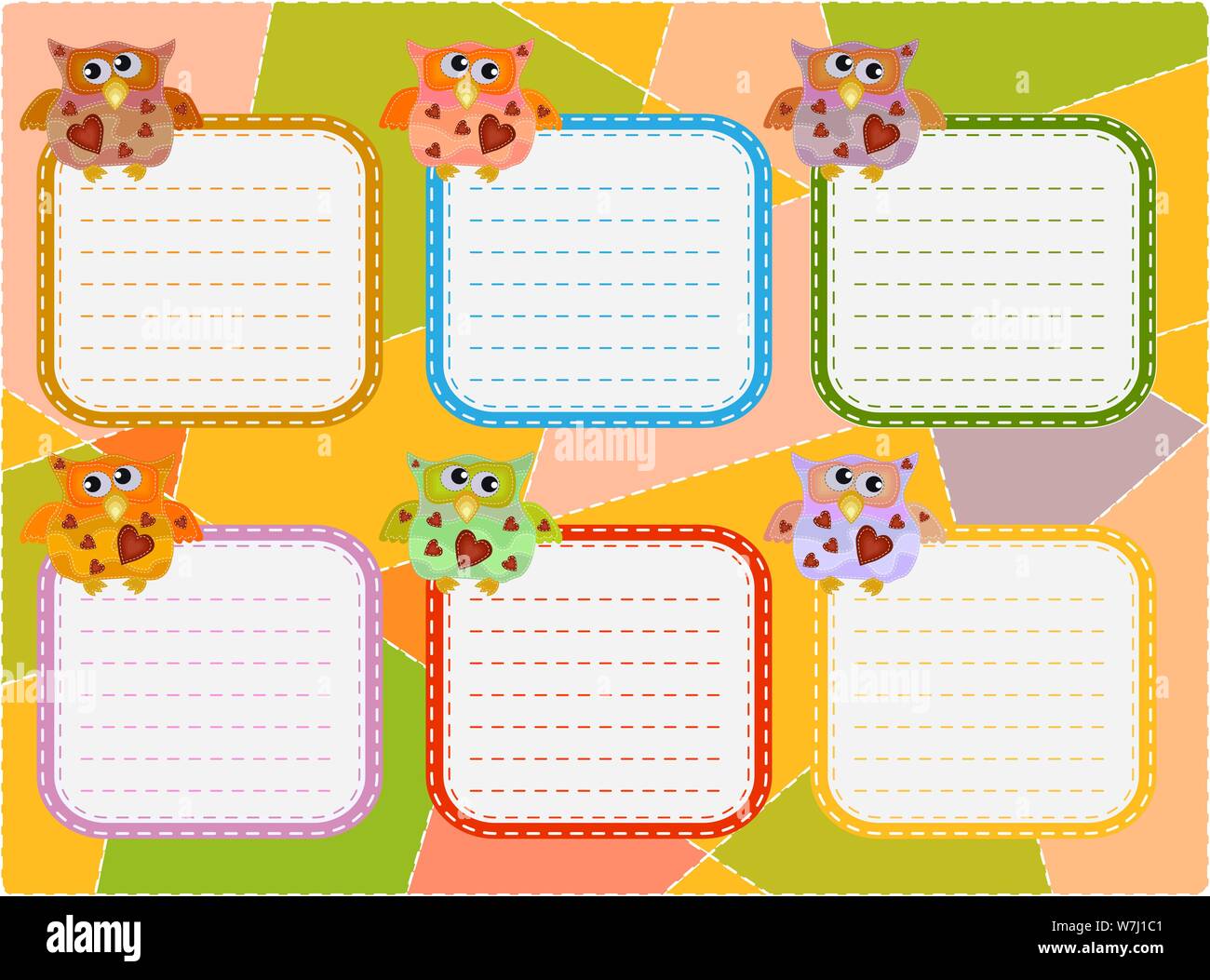 A timetable, schedule of lessons, a poster, a plan for six working days decorated with wise owls painted with imitation sewing, patches. Stock Vector