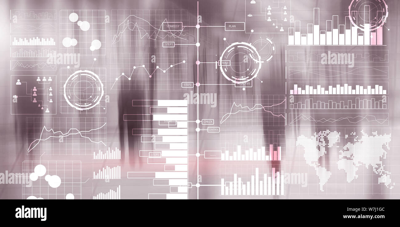 Business intelligence dashboard with key performance indicators on a virtual screen computer interface. Stock Photo