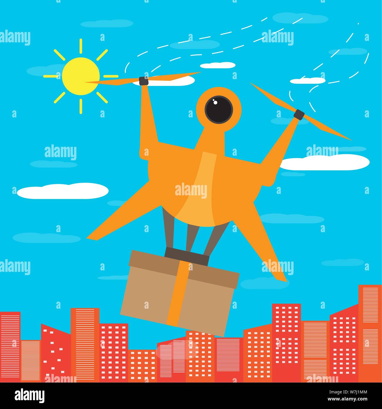 Flying drone delivering a box over a city - Vector Stock Vector Image ...