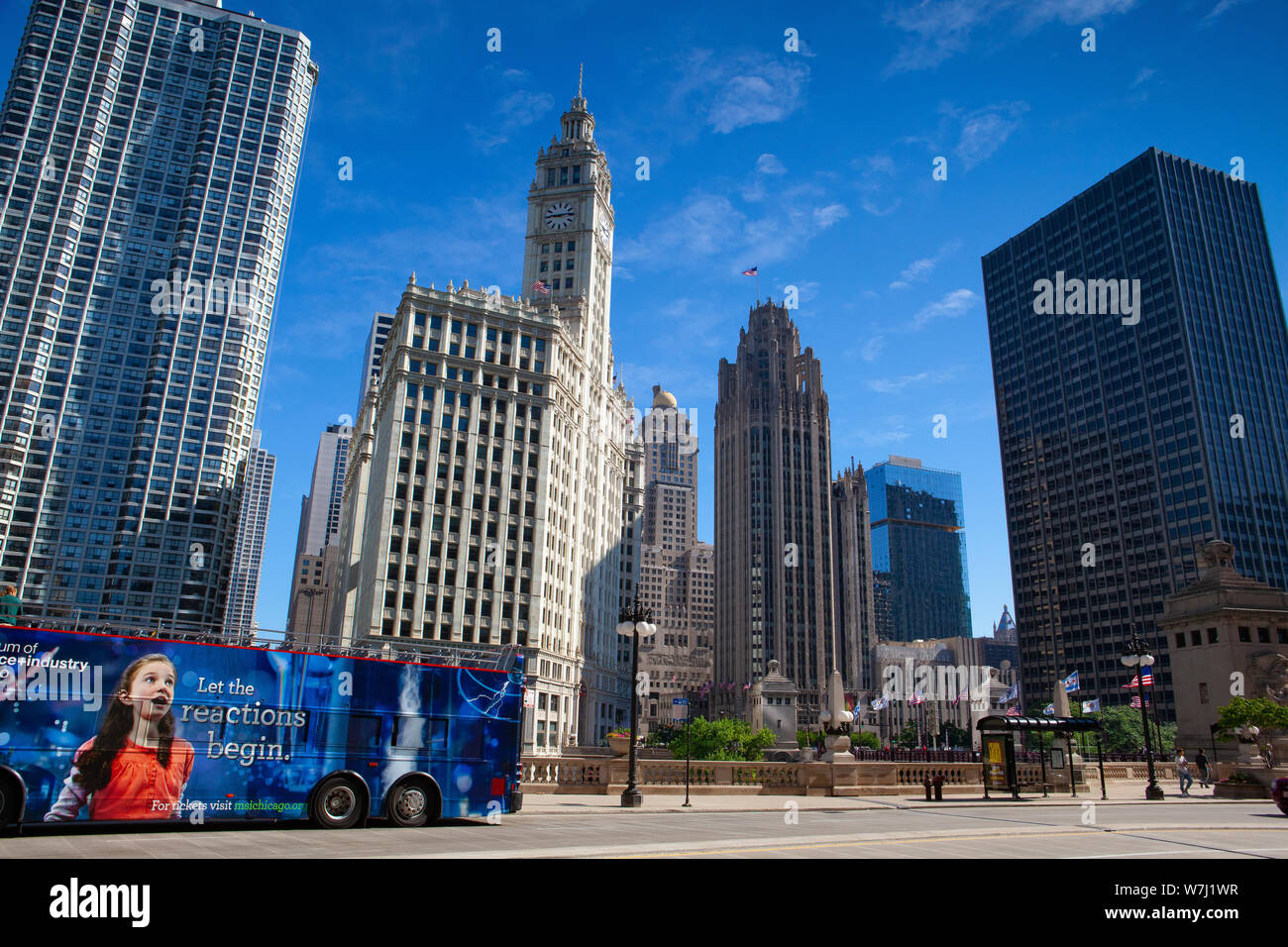 Chicago, IL, USA - July 13,2013:  Wrigley building in Chicago on July 13, 2013. The Wrigley Building is a skyscraper  with two towers (South Tower and Stock Photo