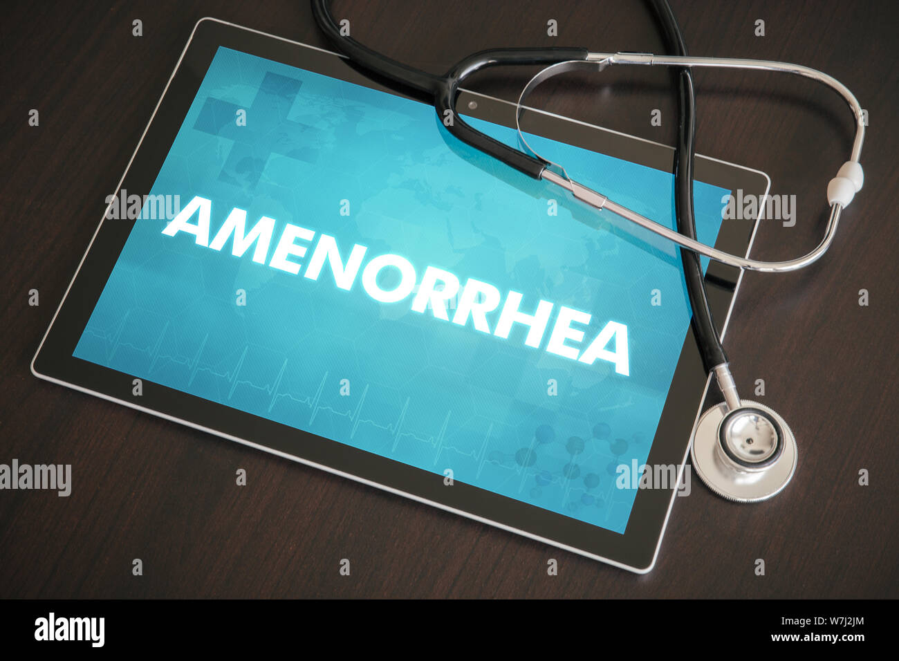 Amenorrhea (endocrine disease) diagnosis medical concept on tablet screen with stethoscope. Stock Photo