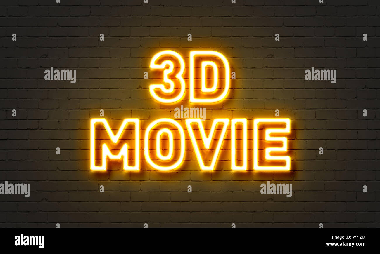3D movie neon sign on brick wall background Stock Photo