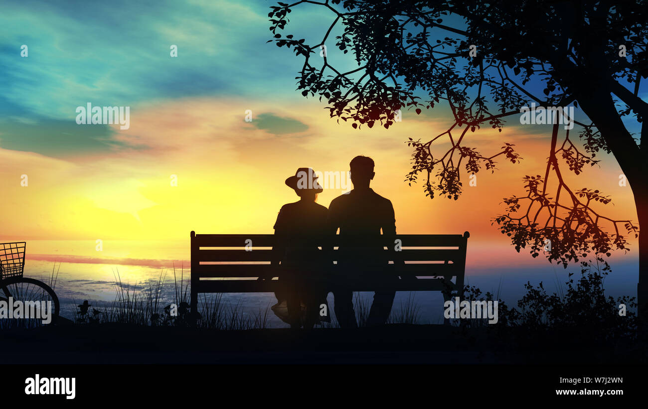 Couple on a bench under the tree watching the ocean Stock Photo - Alamy