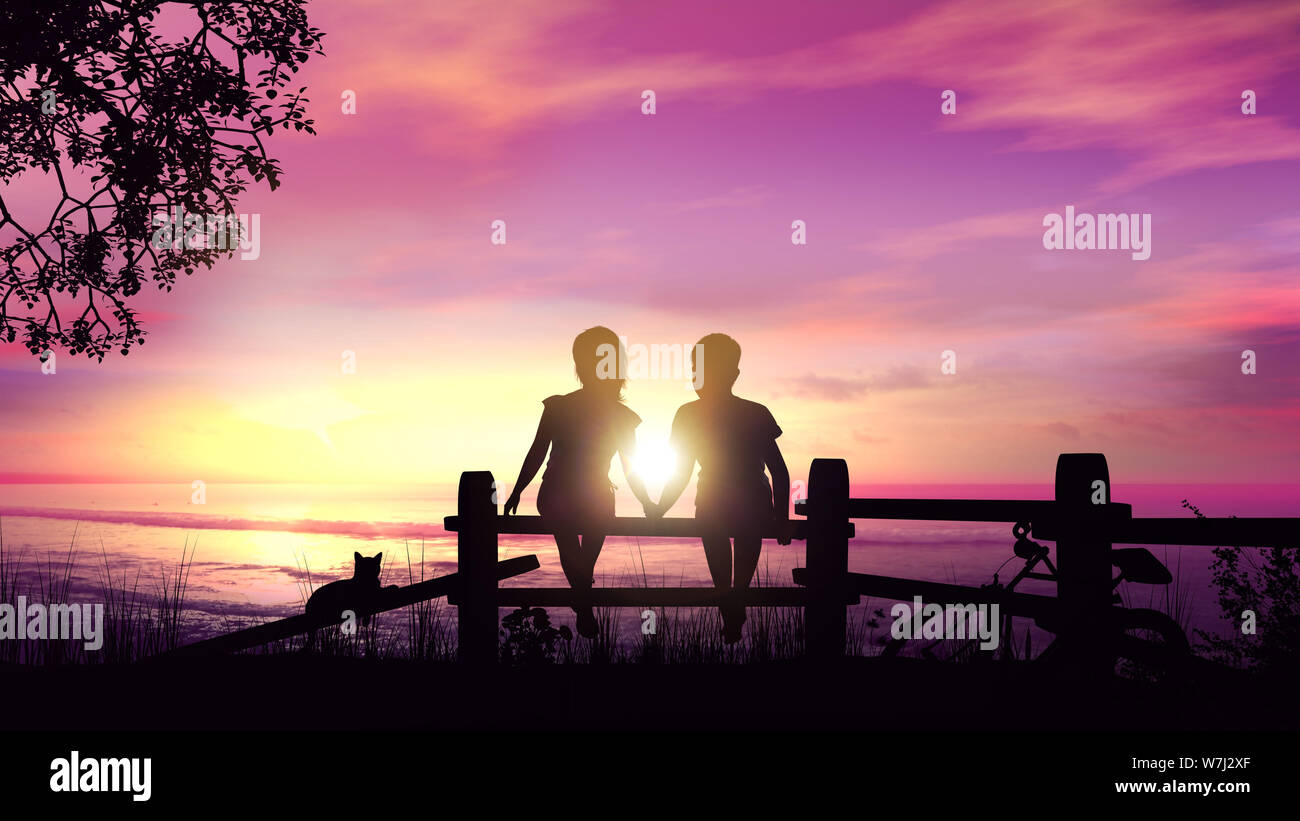A Boy And A Girl Hold Hands In The Rays Of The Setting Sun Stock Photo Alamy