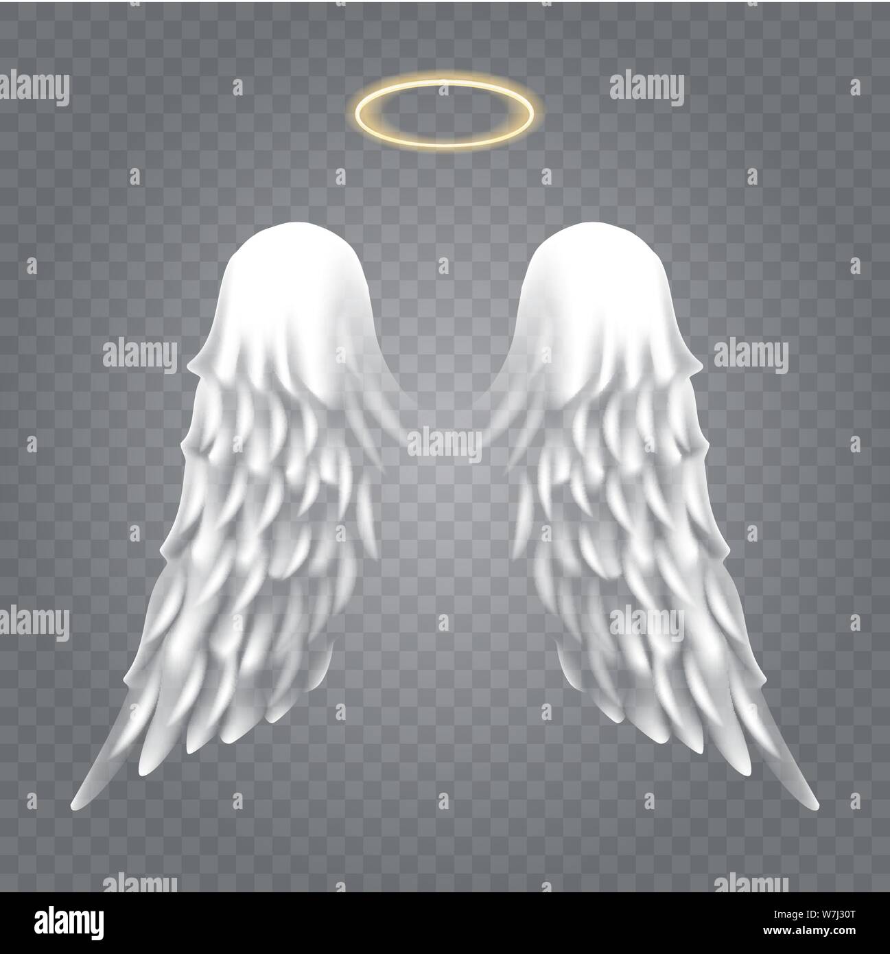Angel wings with nimbus. Vector angels golden halo and cute heavenly white wings on isolated backround Stock Vector