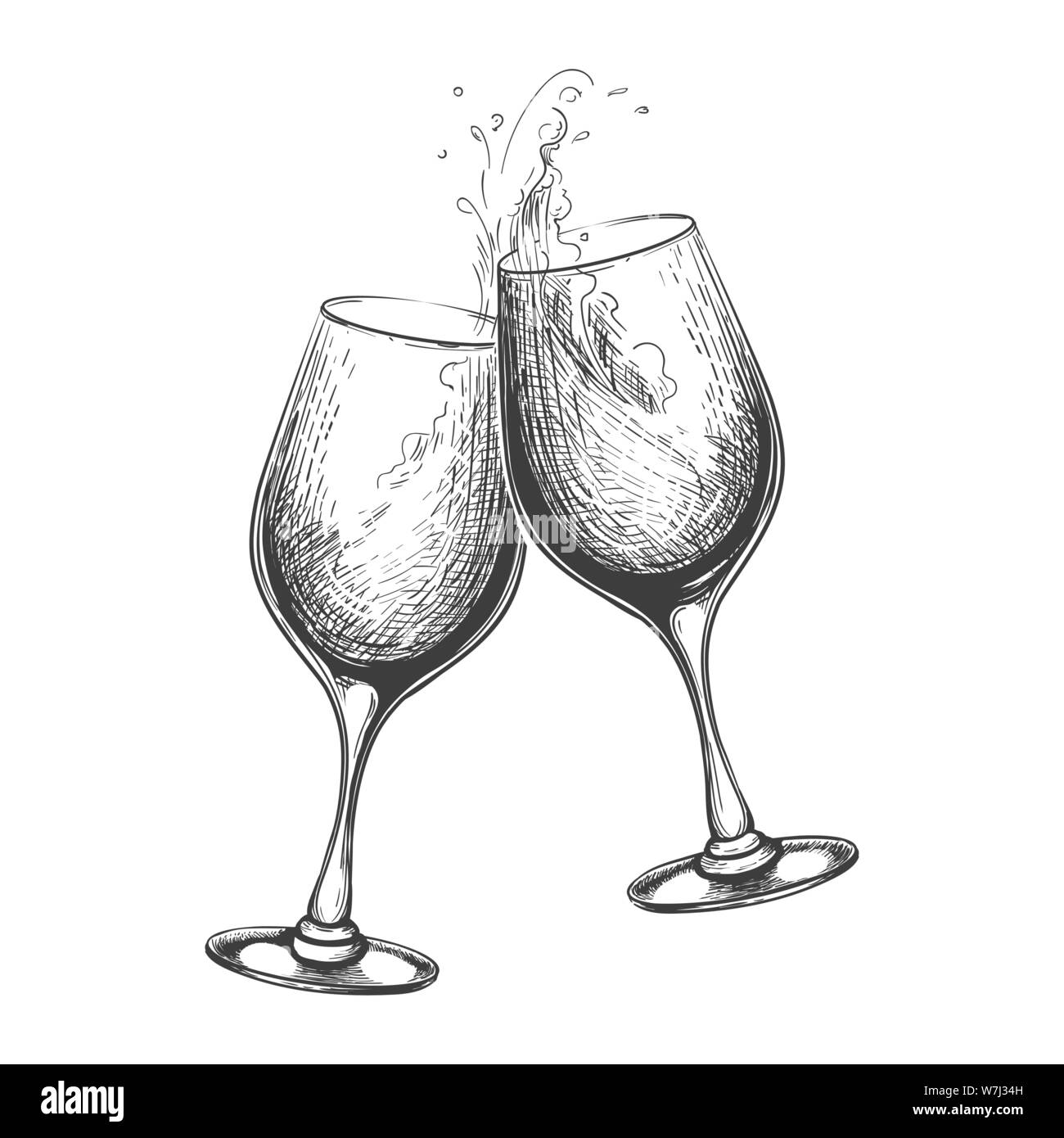 Hand drawn wine toast. Vector toasting sketch image, hand drawn wines drinking  glasses with splash Stock Vector Image & Art - Alamy