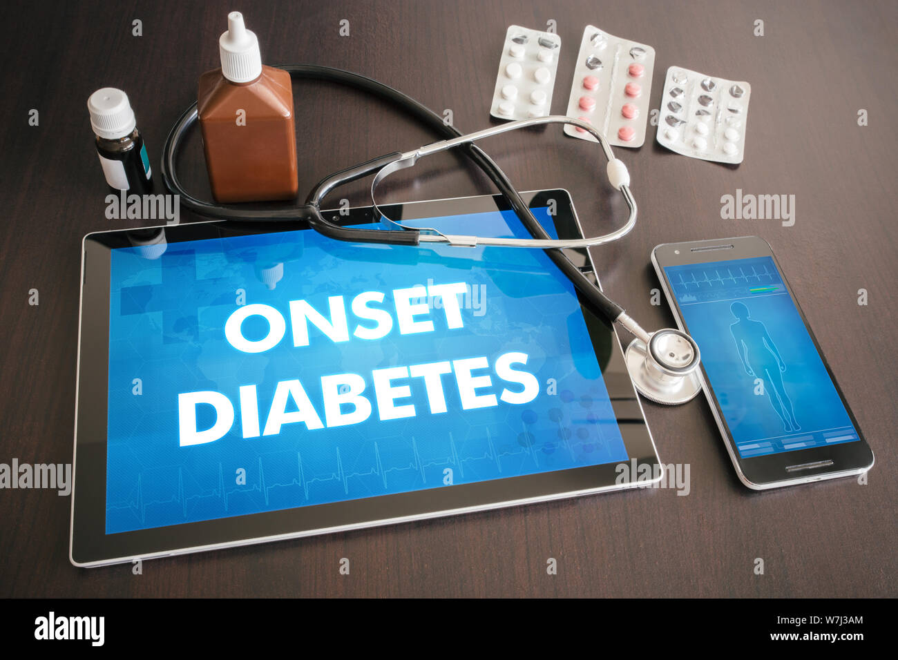 Onset diabetes (endocrine disease) diagnosis medical concept on tablet screen with stethoscope. Stock Photo