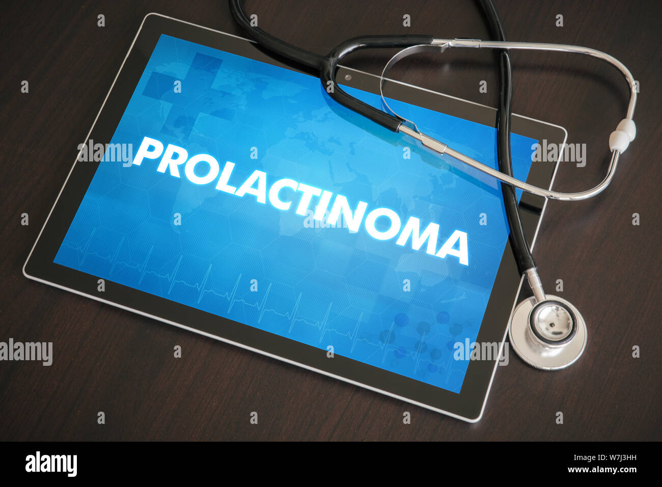 Prolactinoma (endocrine disease) diagnosis medical concept on tablet screen with stethoscope. Stock Photo