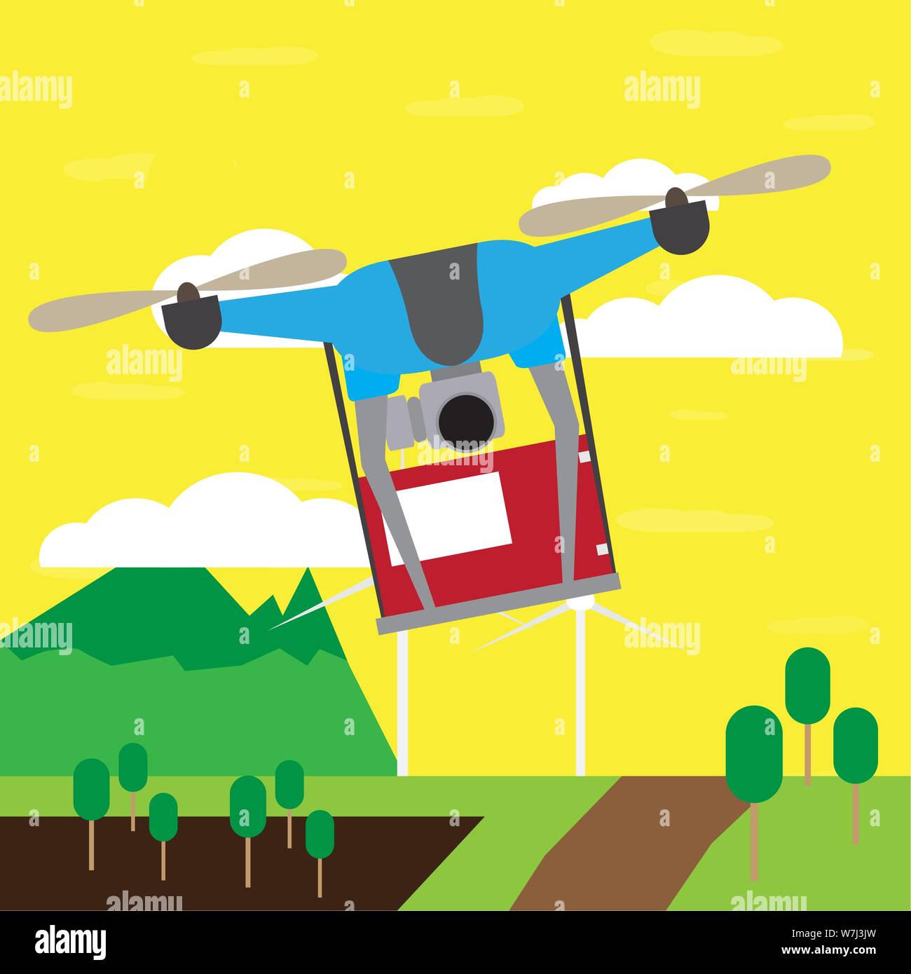 Flying drone delivering a box over a field - Vector Stock Vector Image ...