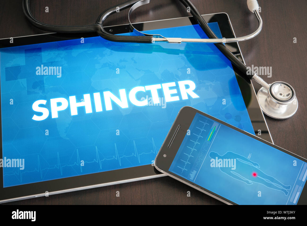 Sphincter (gastrointestinal disease related body part) diagnosis medical concept on tablet screen with stethoscope. Stock Photo