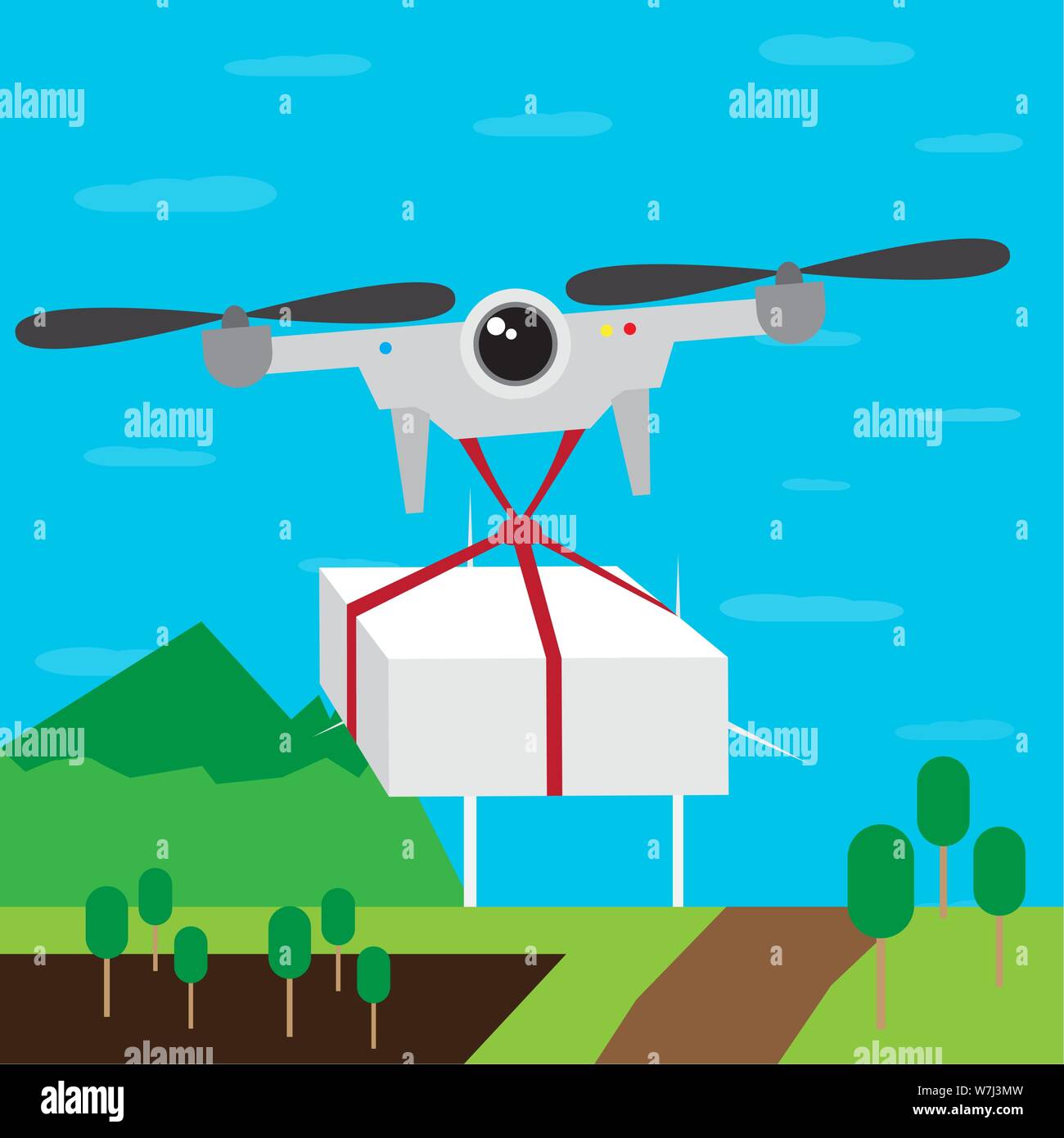 Flying drone delivering a box over a field - Vector Stock Vector Image ...