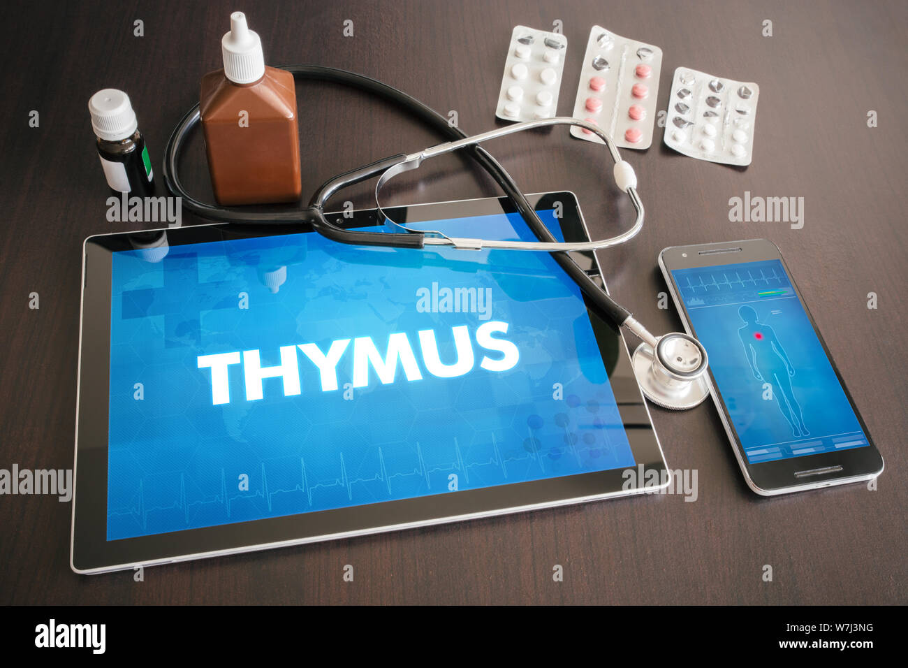 Thymus (endocrine disease related) diagnosis medical concept on tablet screen with stethoscope. Stock Photo