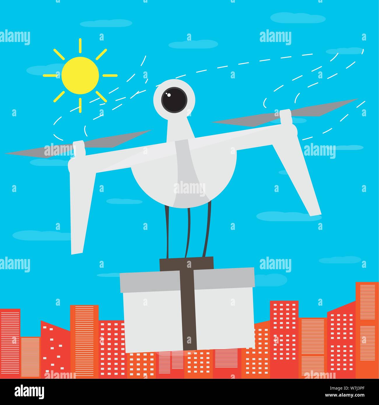 Flying drone delivering a box over a city - Vector Stock Vector Image ...