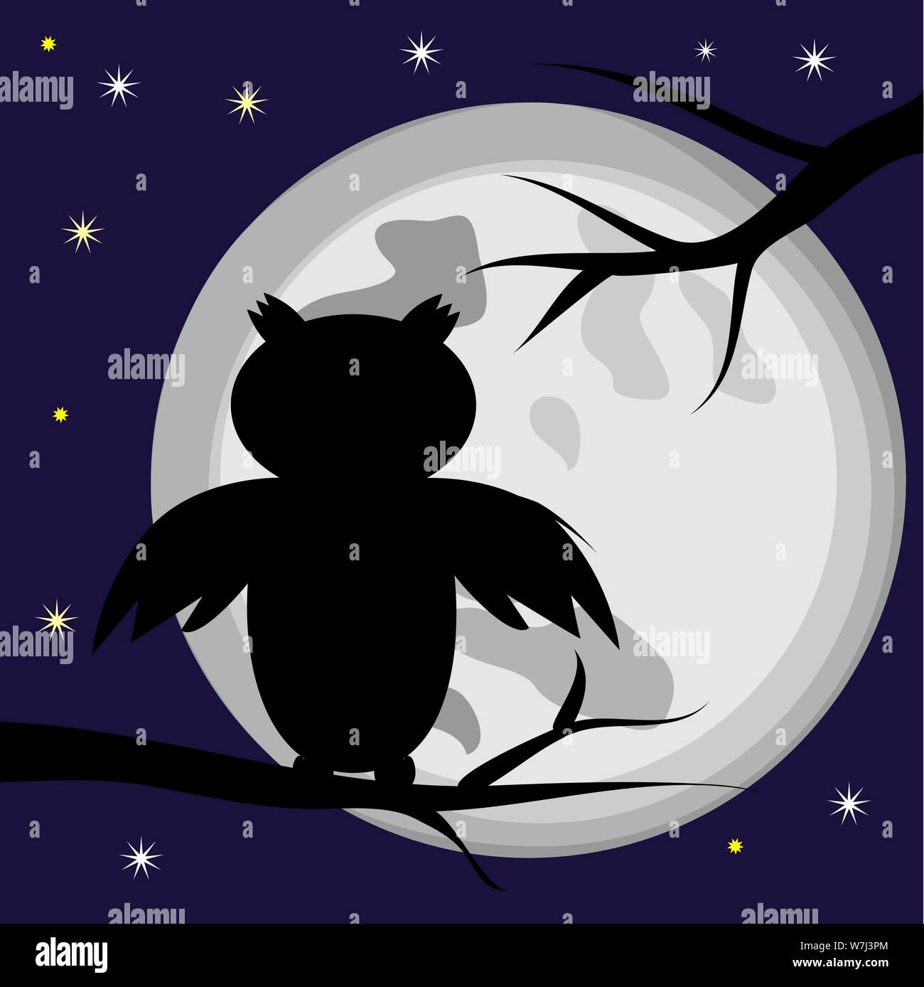 Black silhouette of an owl, a bird sitting on a tree branch against the ...