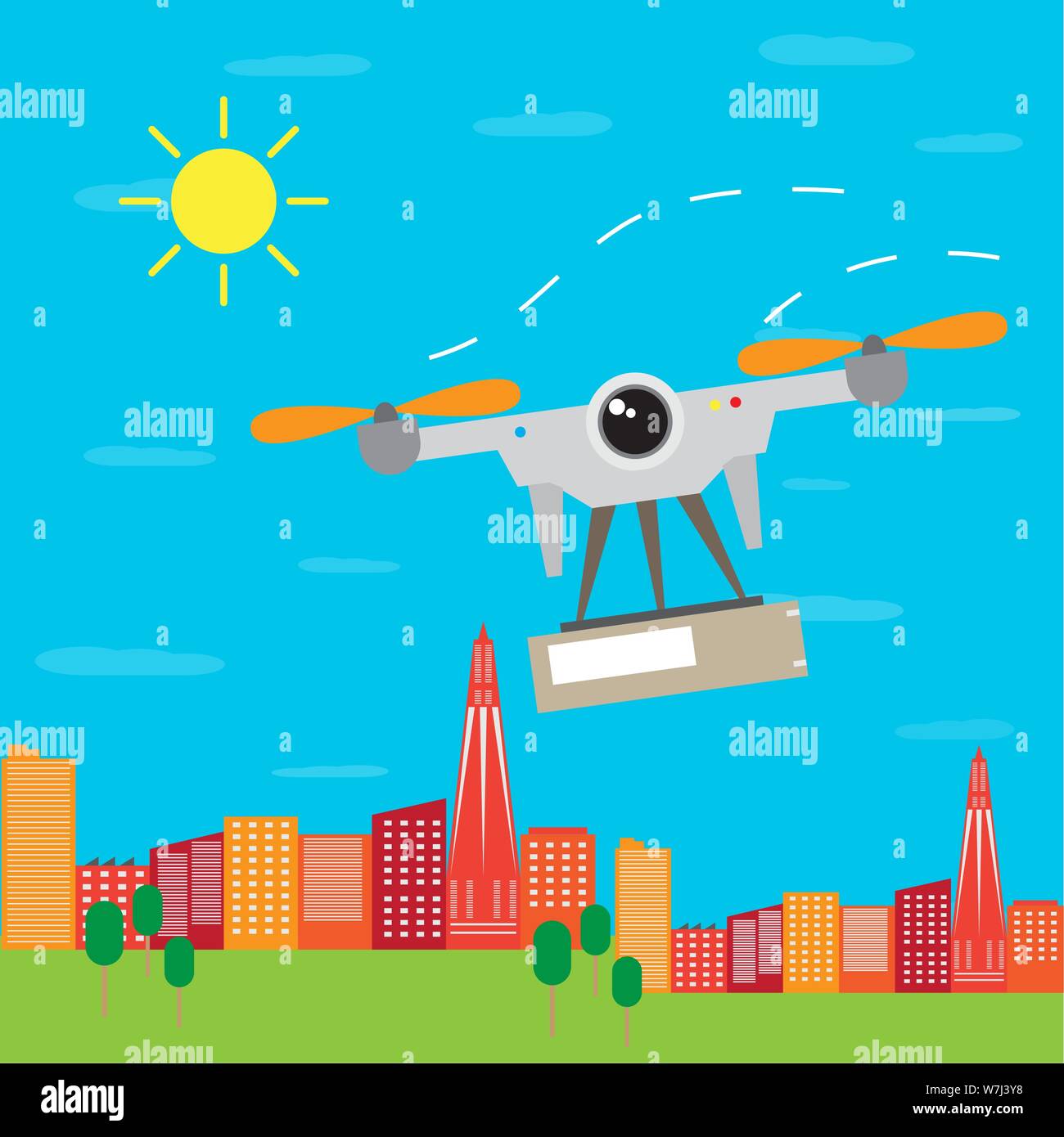 Flying drone delivering a box over a city - Vector Stock Vector Image ...