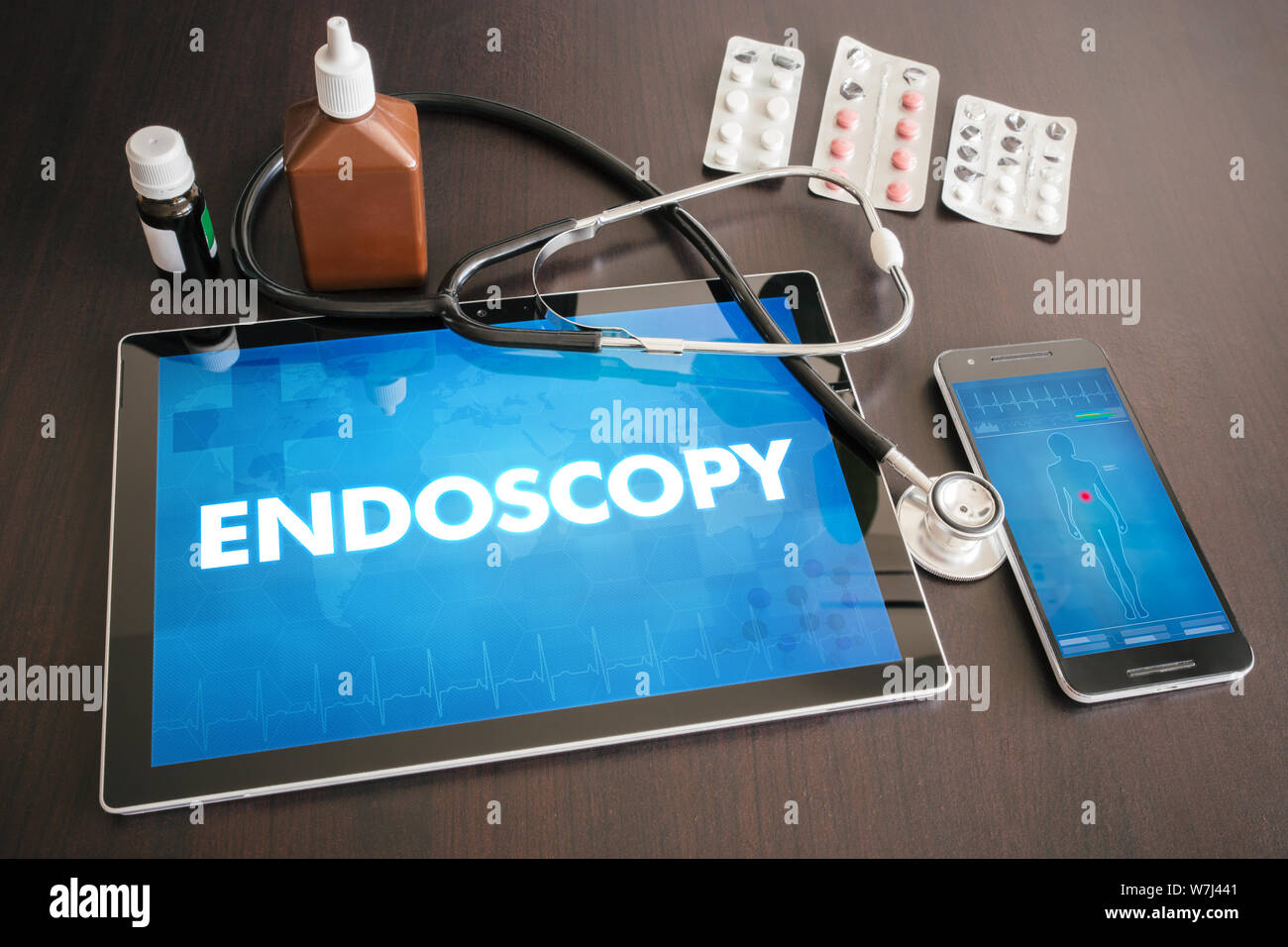 Endoscopy (gastrointestinal disease related) diagnosis medical concept on tablet screen with stethoscope. Stock Photo