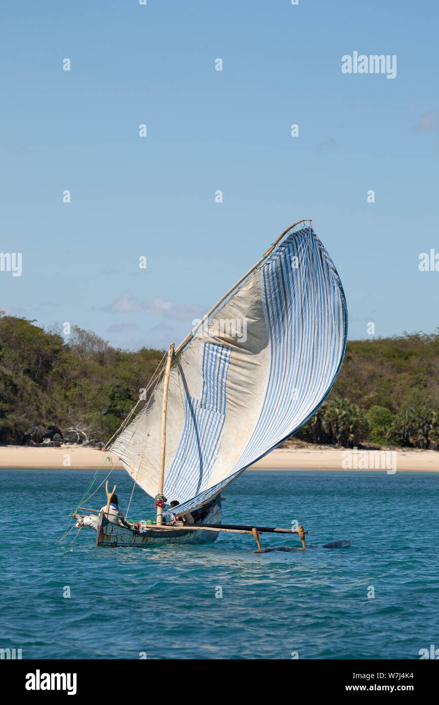 Africa, Madagascar, Anjajavy, local fishing boats sailing along the coast near Anjajavy. Stock Photo
