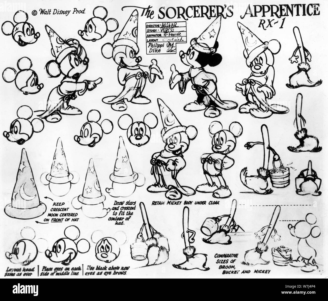 WALT DISNEY FANTASIA 1940 character model sheet for MICKEY MOUSE in THE SORCERER'S APPRENTICE sequence director James Algar orchestra conducted by Leopold STOKOWSKI Animated Feature Film Walt Disney Productions / RKO Radio Pictures Stock Photo