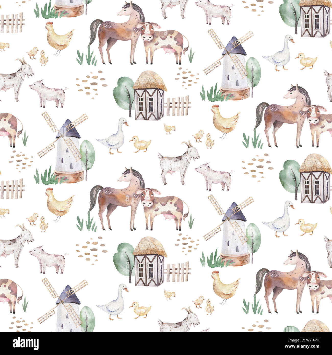 watercolor seamless pattern with cute farm animals with goat, horse ...