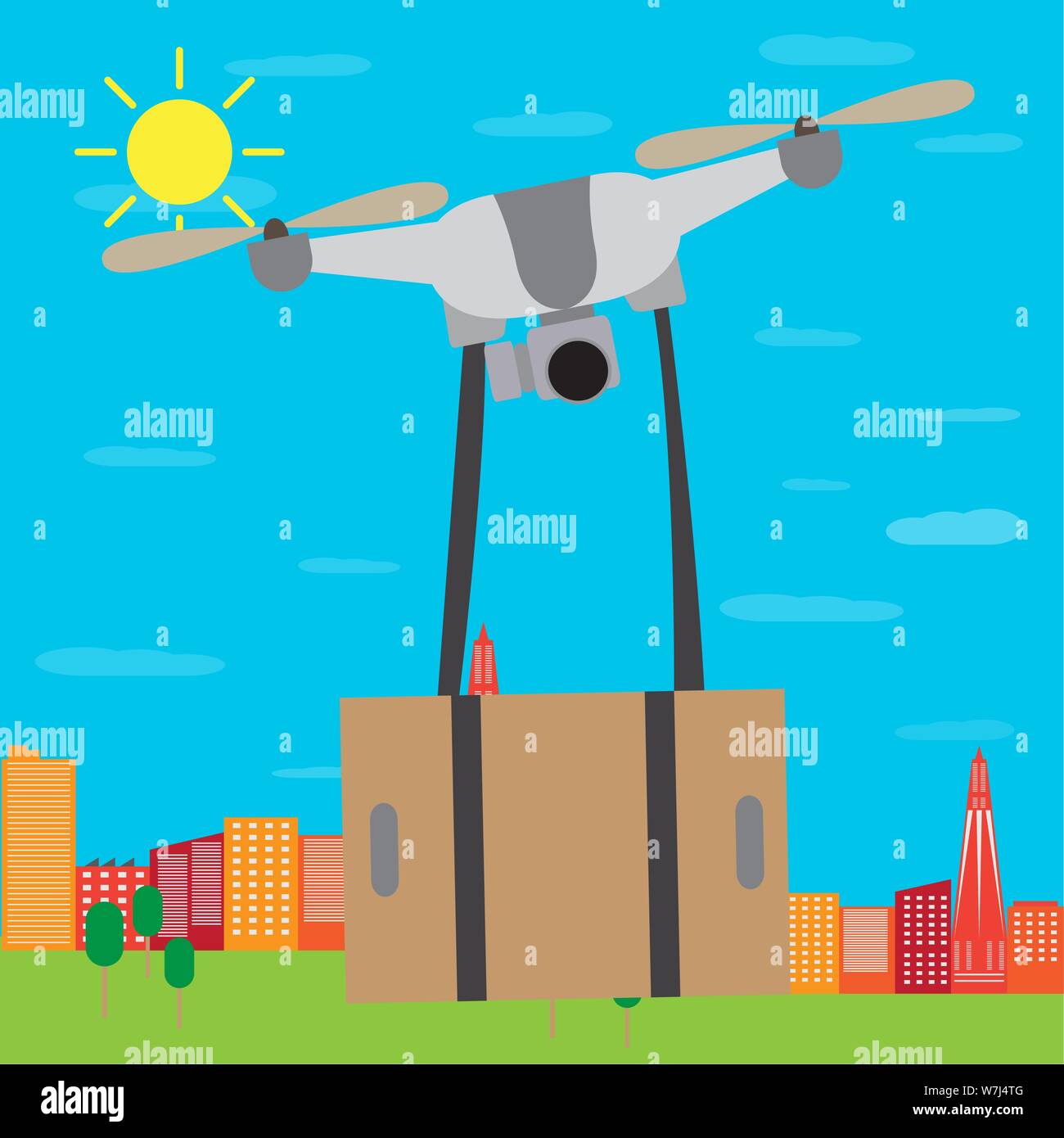 Flying drone delivering a box over a city - Vector Stock Vector Image ...