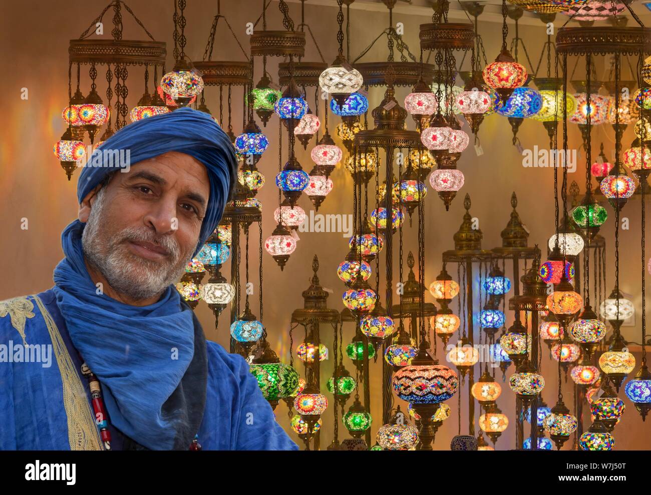 Moroccans in front of a shop with oriental lamps, Rinteln, Germany Stock Photo